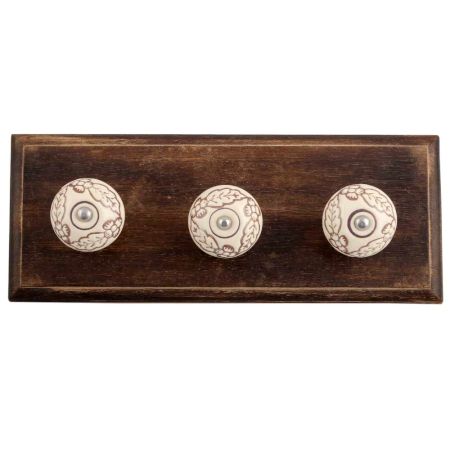 Cream Brown Leaf Flower Etched Ceramic Wooden Hooks